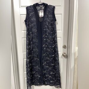 Fashion Line Solid Blue Lace Size M (8) Light Duster Vest Cover Up NWT